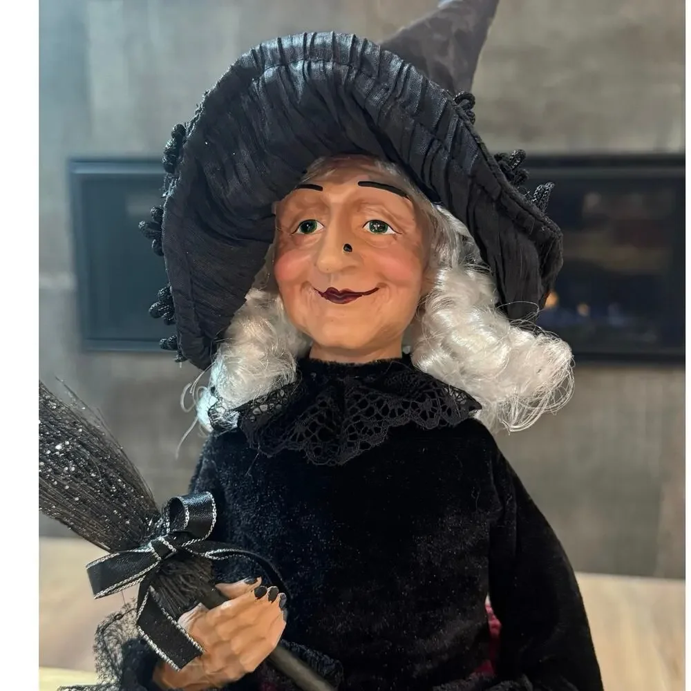 Bella Lux 24” Halloween Witch Doll Shelf Sitter Matilda Burgundy Brocade Broom